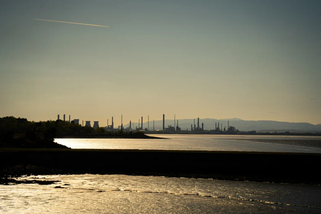 Coastal refinery and terminal skyline by the water