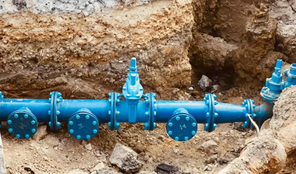 Flanged pipeline section with bolted joints ready for controlled bolt torquing